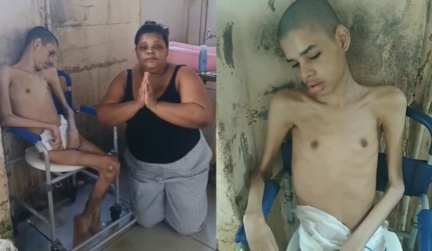 Mae se ajoelha e implora por socorro: Kaua tem 20 anos, esta atrofiado e sofre crises convulsivas todos os dias
